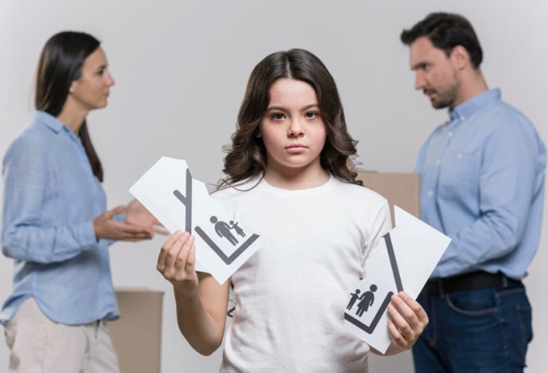 sad girl with parents arguing behind