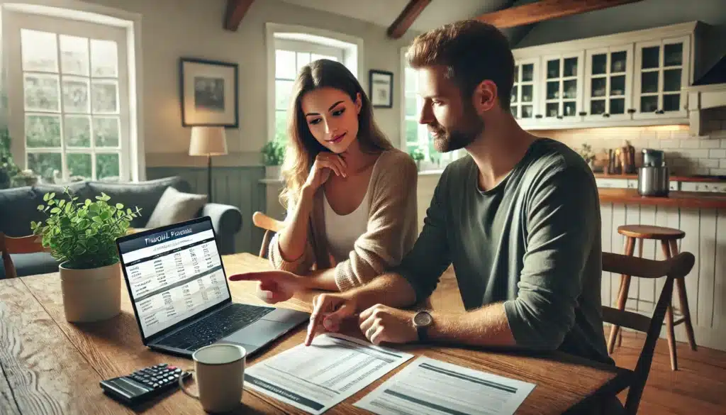 couple in kitchen of brisbane home sorting through finances.
